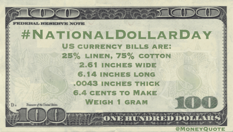 Dollar Bills are 2.61 inches wide, 6.14 inches long, .0043 inches thick, weigh 1 gram 75% cotton, 25% linen