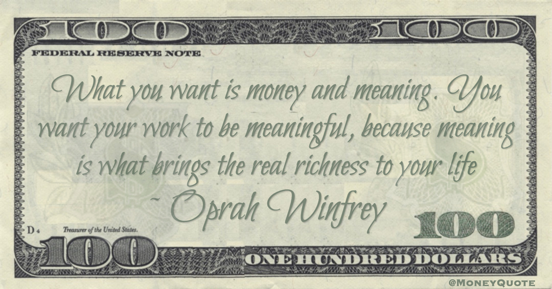 What you want is money and meaning. You want your work to be meaningful, because meaning is what brings the real richness to your life Quote